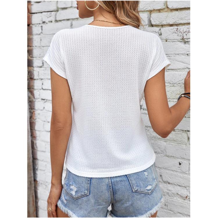 Women's Waffle Irregular Hem Short Sleeve Solid Color T-shirt Top cj