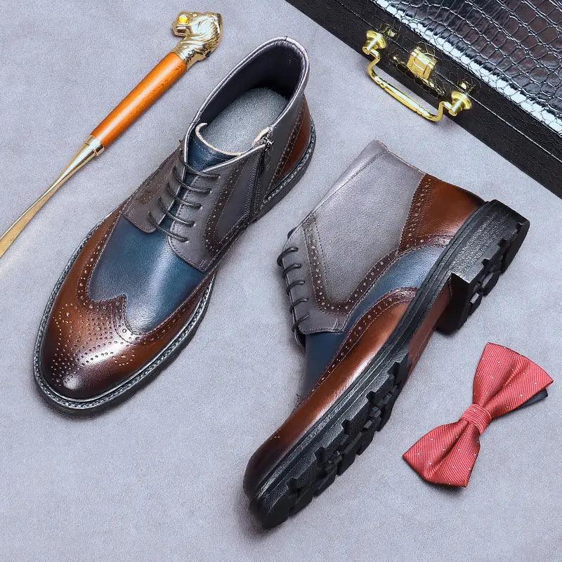 Mens Leather Vintage Color Blocking Brogue Carved Boots cj