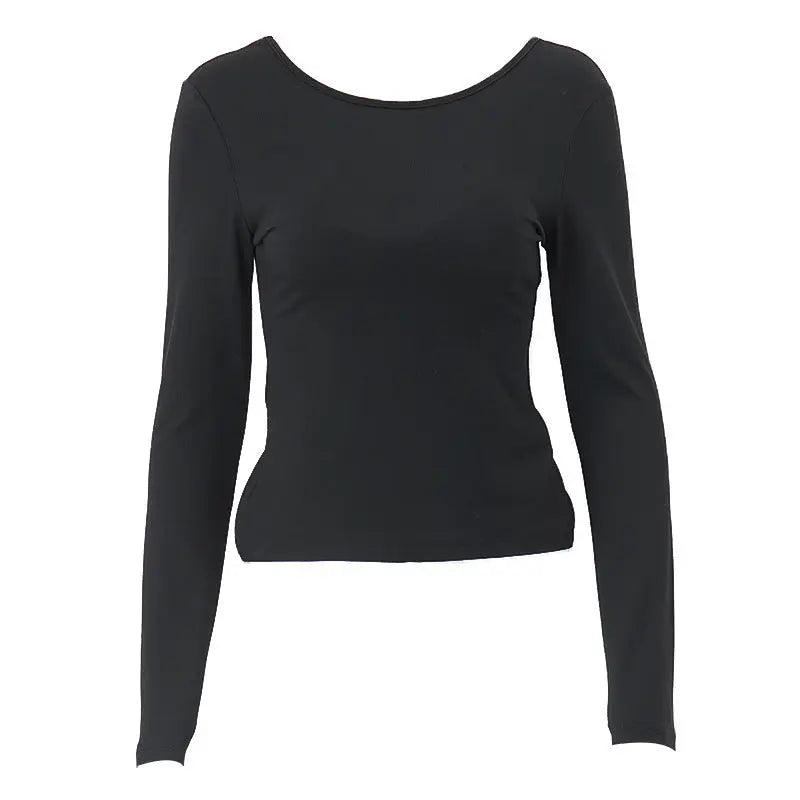 Sexy Round Neck Back Hollow Slim Long-sleeved T-shirt Top cj