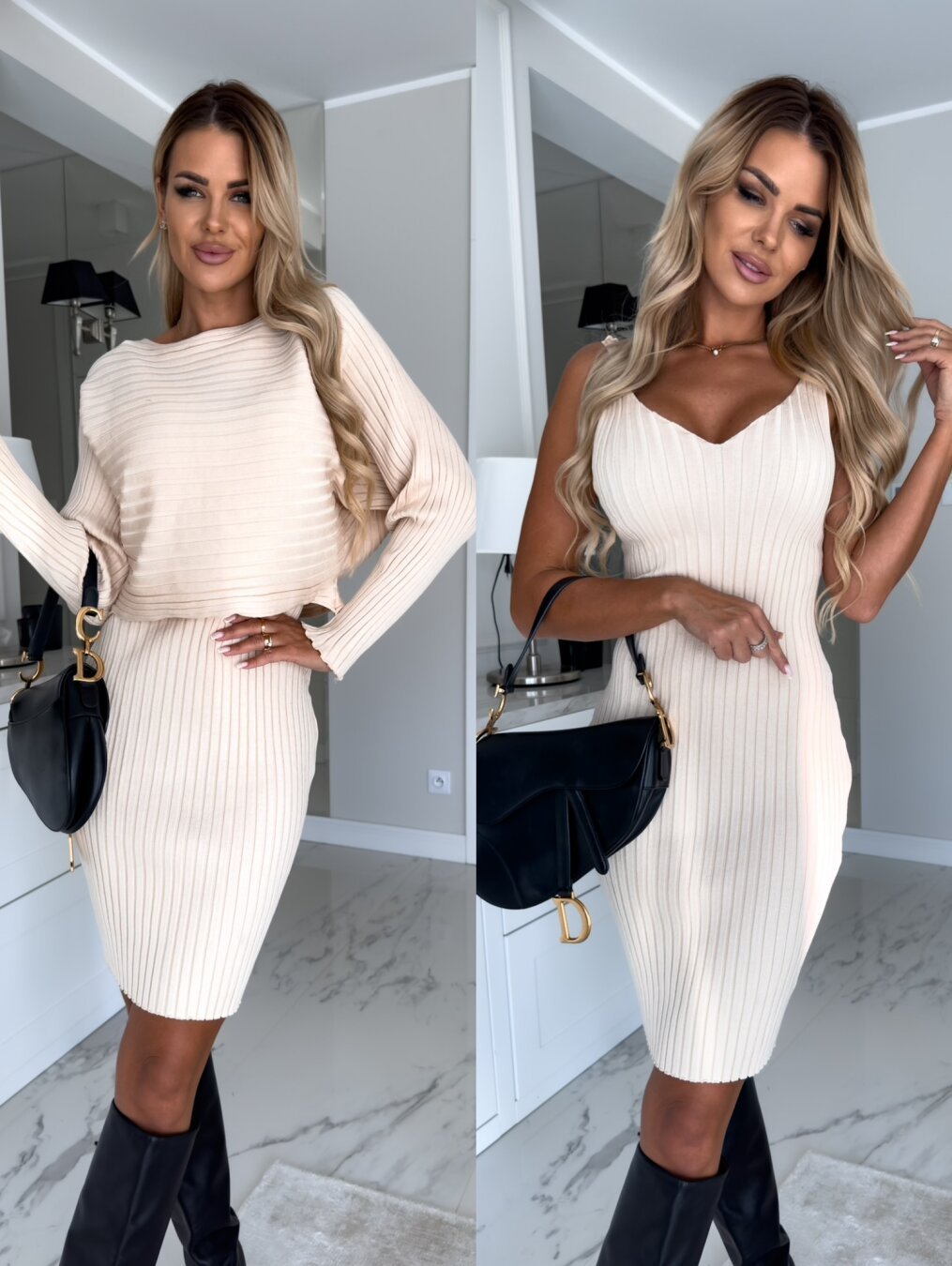 Suit Women's Solid Stripe Long-sleeved Top And Tight Suspender Skirt Fashion Autumn Winter Slim Clothing