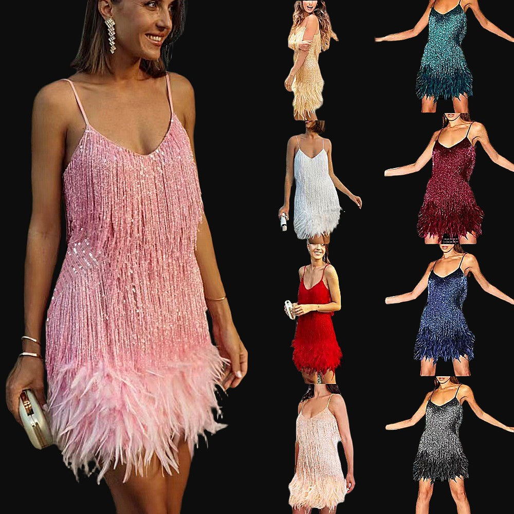 Feather Soft Dress — Sequin Fringe Evening Mini for Curves