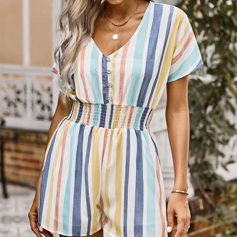 Summer New Striped Loose Short Sleeve Slim Women Jumpsuit cj