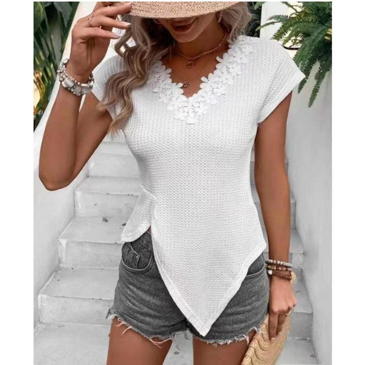 Women's Waffle Irregular Hem Short Sleeve Solid Color T-shirt Top cj