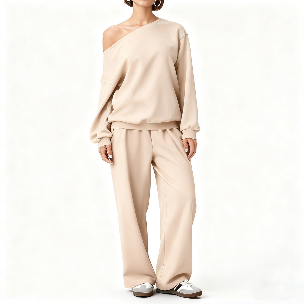 Women's Sloping Shoulder Top & Wide-Leg Trousers Set