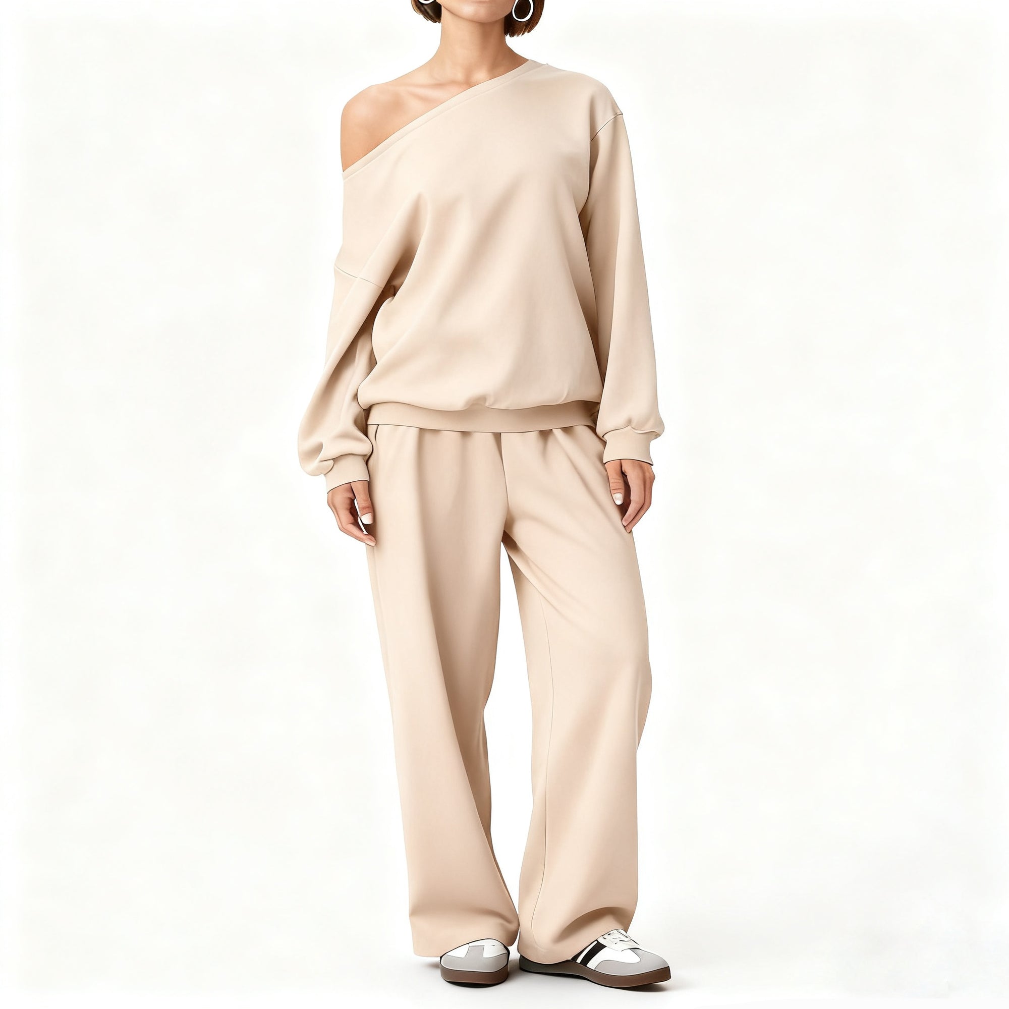 Women's Sloping Shoulder Top & Wide-Leg Trousers Set