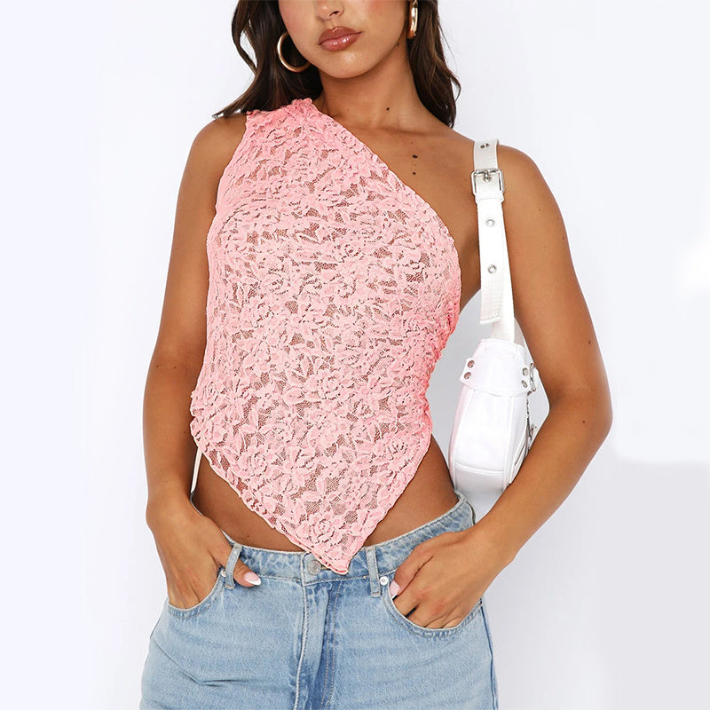 Ins Lace Backless Top Summer Solid Color Waist less Asymmetrical Sloped Neck Vest Streetwear Women's Clothes