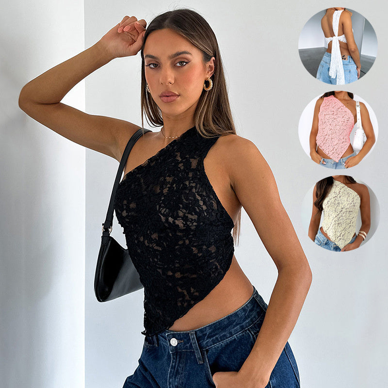 Ins Lace Backless Top Summer Solid Color Waist less Asymmetrical Sloped Neck Vest Streetwear Women's Clothes