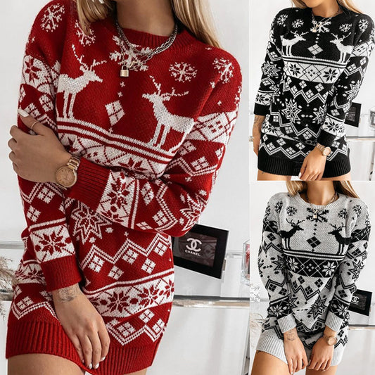 Elk Snowflake Christmas Jacquard Knitted Dress Long Knitted Sweaters cj