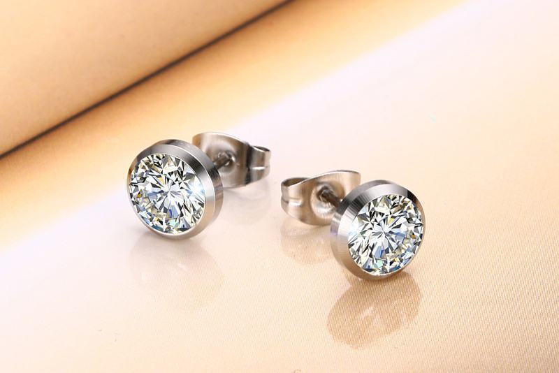 Fashion Korean Style Earrings Women's Jewelry Wholesale 8MM Stainless Steel Zircon Earrings Steel Color