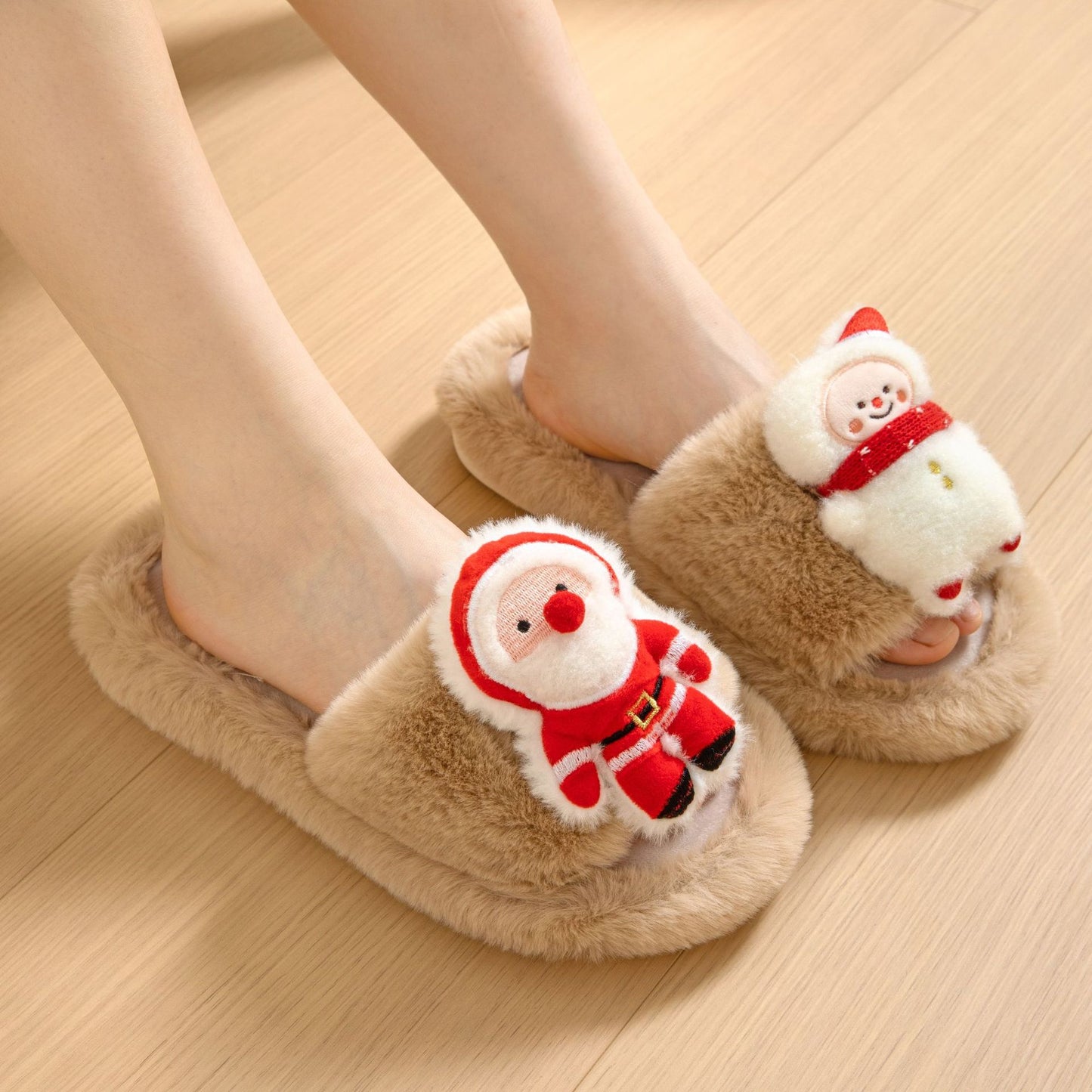 Christmas Shoes Ins Santa Claus Open-toe Cotton Slippers Winter Home Indoor Floor Plush Warm Furry Slippers Women cj