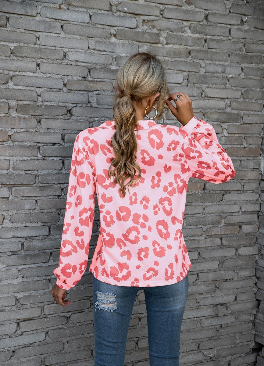 Leopard Print V-neck T-shirt Fashion Loose Long Sleeve Tops For Women Clothing