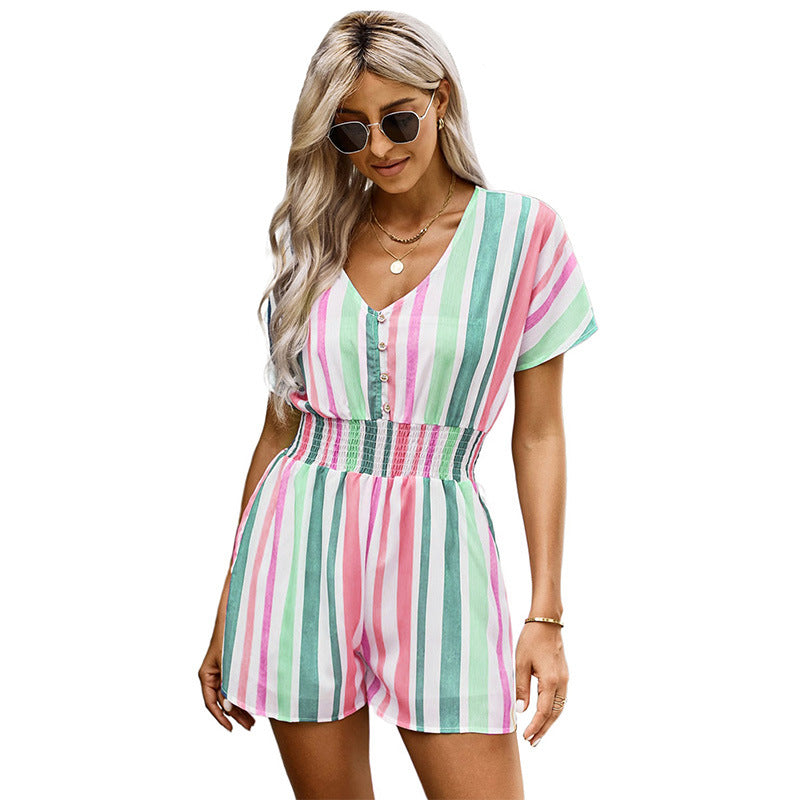 Summer New Striped Loose Short Sleeve Slim Women Jumpsuit cj