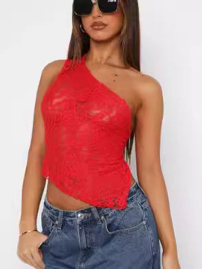 Ins Lace Backless Top Summer Solid Color Waist less Asymmetrical Sloped Neck Vest Streetwear Women's Clothes