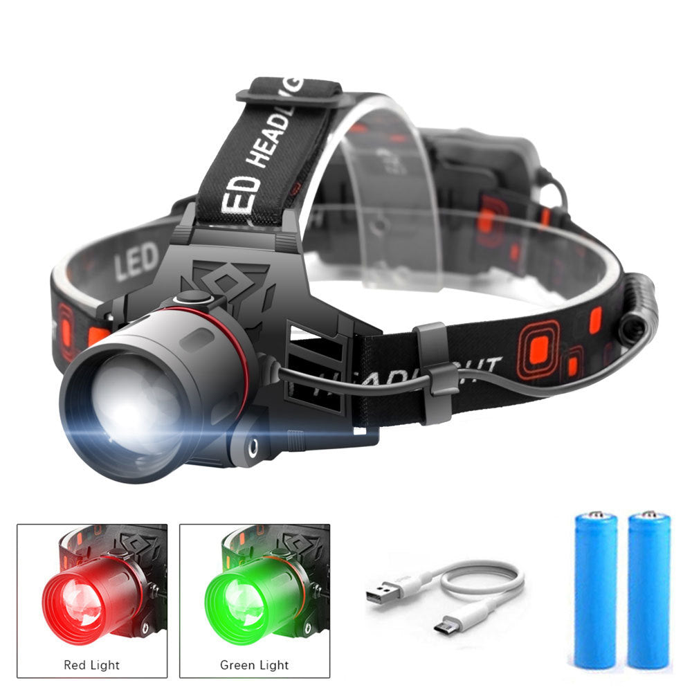 T6 White Light Headlight Green Light Zoom Headlamp Red Light Outdoor Headlight Versatile Lighting Modes Adjustable Zoom Headlamp Outdoor Adventure Lighting Camping Headlight