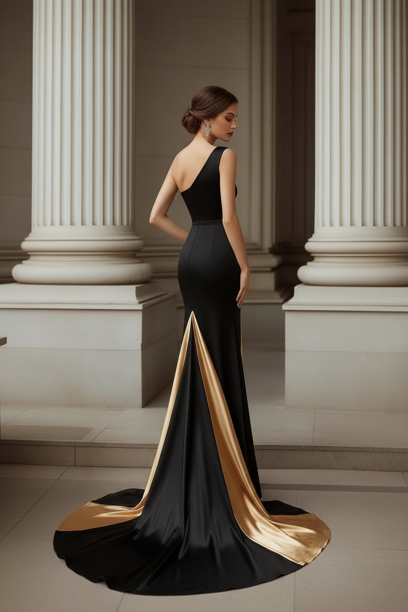 Black One-Shoulder Satin Mermaid Maxi Dress