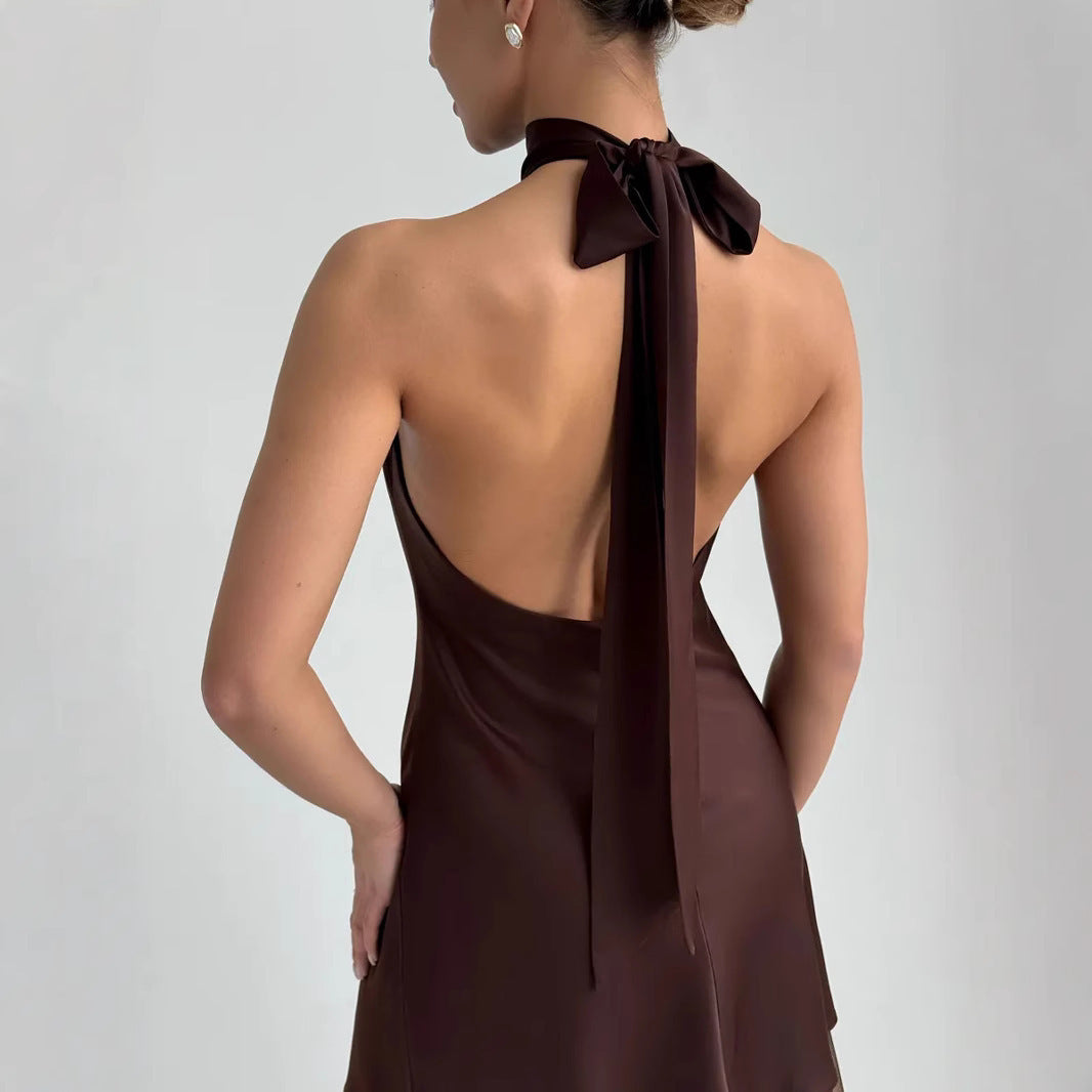 Women's Satin Halter Dress — Sleeveless Mid-Length