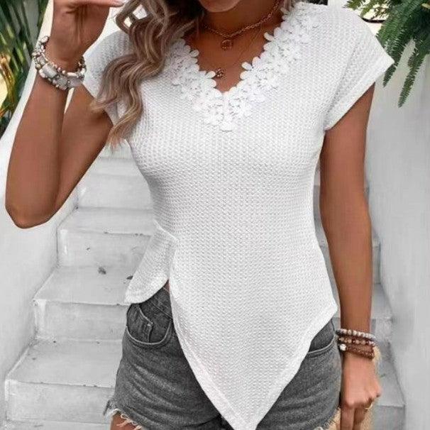 Women's Waffle Irregular Hem Short Sleeve Solid Color T-shirt Top cj