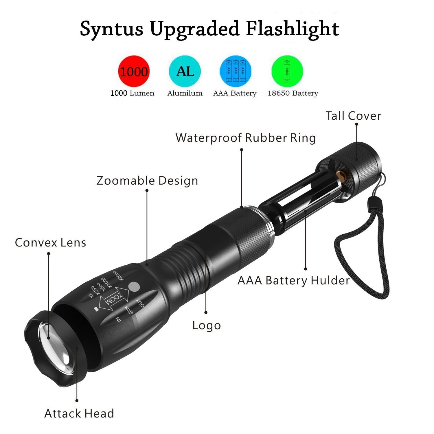 Portable Mini Flashlight LED ZOOM Torch Hunting Zoomable Flashlight Torch Light cj