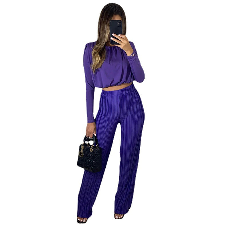 Women's Fashion Temperament Crew Neck Short Long Sleeve Underwear Blouse Casual Trousers Two-piece Set cj