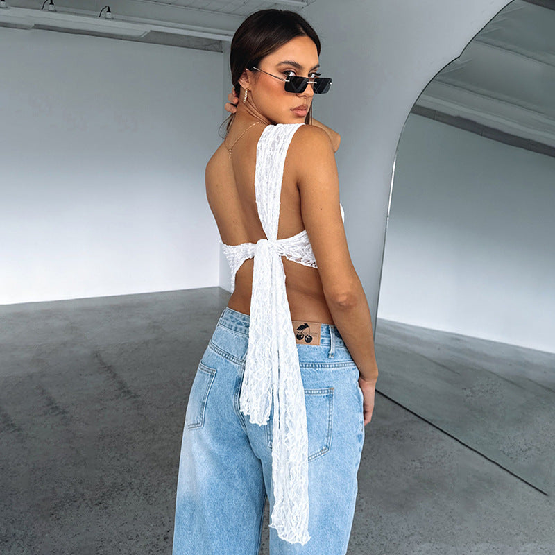 Ins Lace Backless Top Summer Solid Color Waist less Asymmetrical Sloped Neck Vest Streetwear Women's Clothes