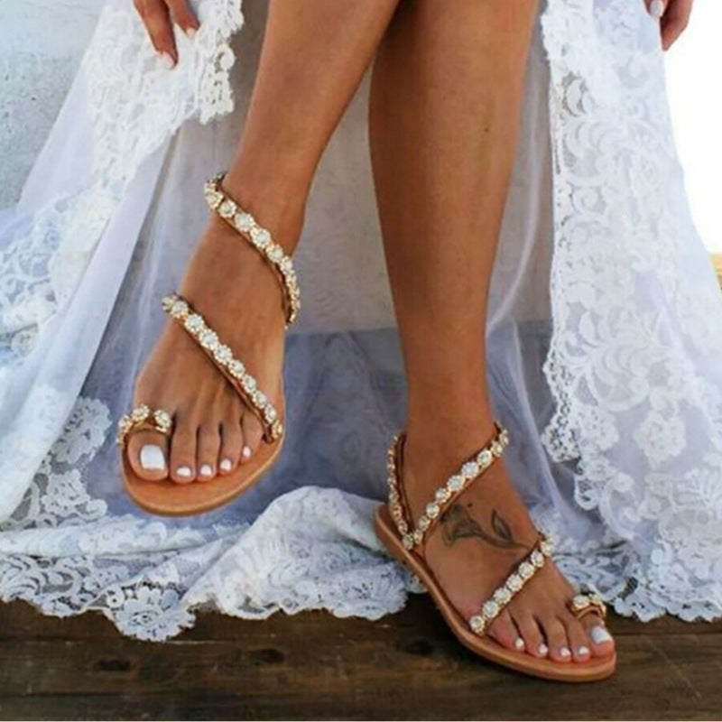 Women's Sandals Mules Boho Beach Shoes Rhinestone Lace Beading Flat Slippers cj