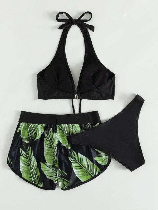 3pcs Leaf Print Bikini With Shorts Fashion Summer Beach Swimsuit Womens Clothing - Shop with Vanny3pcs Leaf Print Bikini With Shorts Fashion Summer Beach Swimsuit Womens ClothingShorts for WomenShop with VannycjL3pcs Leaf Print Bikini With Shorts Fashion Summer Beach Swimsuit Womens Clothing