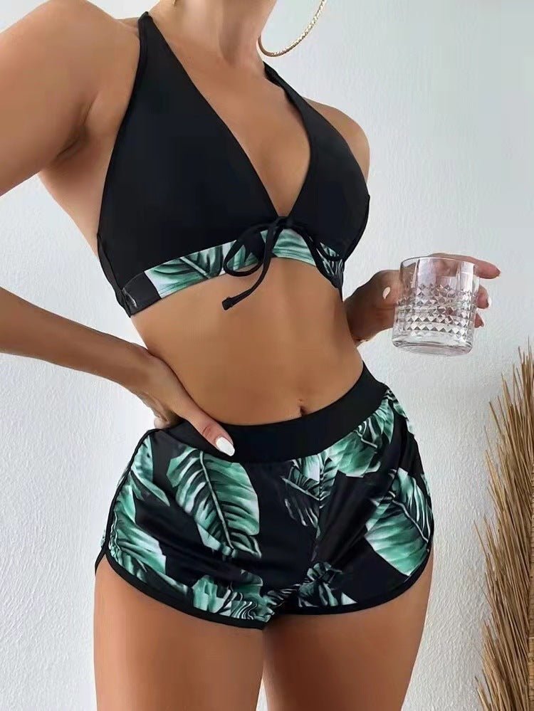 3pcs Leaf Print Bikini With Shorts Fashion Summer Beach Swimsuit Womens Clothing - Shop with Vanny3pcs Leaf Print Bikini With Shorts Fashion Summer Beach Swimsuit Womens ClothingShorts for WomenShop with VannycjL3pcs Leaf Print Bikini With Shorts Fashion Summer Beach Swimsuit Womens Clothing