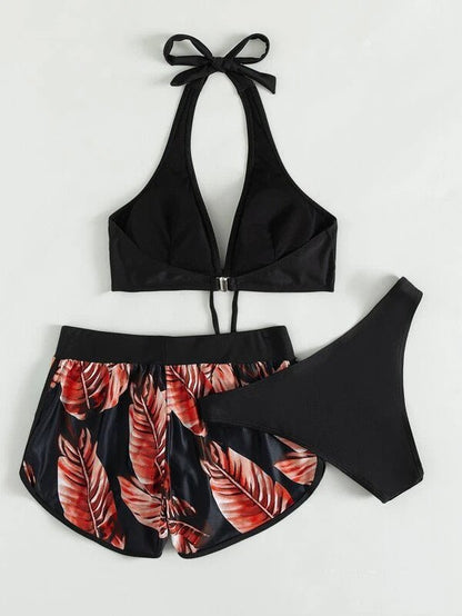 3pcs Leaf Print Bikini With Shorts Fashion Summer Beach Swimsuit Womens Clothing - Shop with Vanny3pcs Leaf Print Bikini With Shorts Fashion Summer Beach Swimsuit Womens ClothingShorts for WomenShop with VannycjL3pcs Leaf Print Bikini With Shorts Fashion Summer Beach Swimsuit Womens Clothing