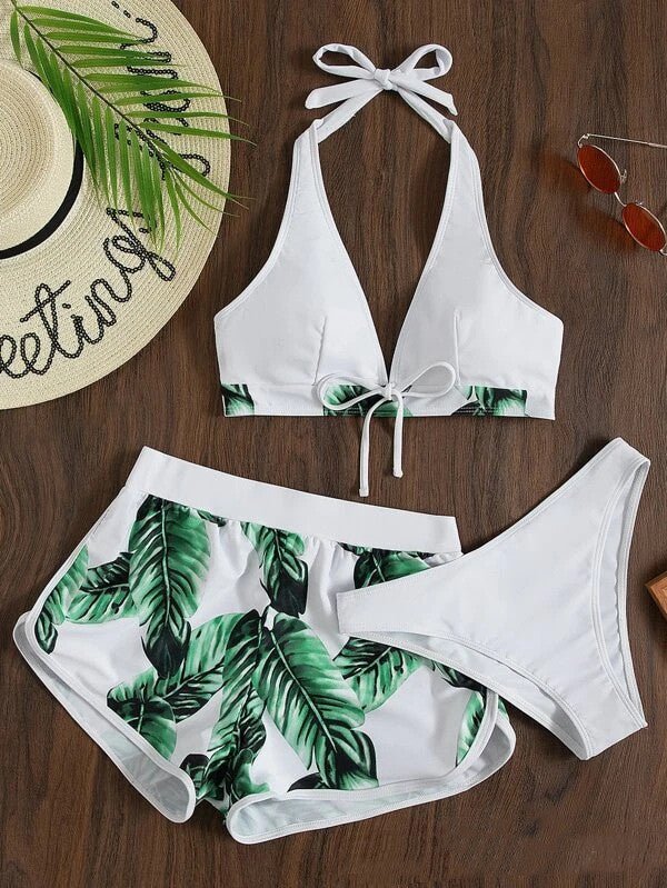 3pcs Leaf Print Bikini With Shorts Fashion Summer Beach Swimsuit Womens Clothing - Shop with Vanny3pcs Leaf Print Bikini With Shorts Fashion Summer Beach Swimsuit Womens ClothingShorts for WomenShop with VannycjL3pcs Leaf Print Bikini With Shorts Fashion Summer Beach Swimsuit Womens Clothing