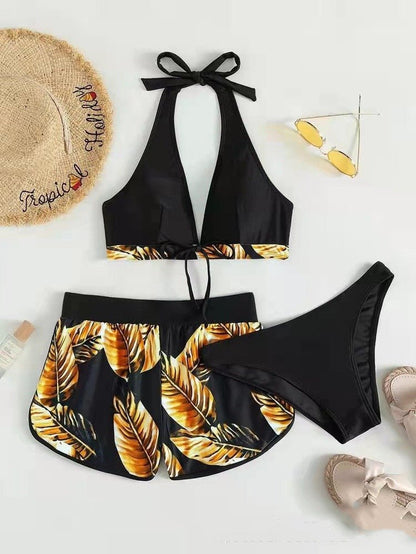 3pcs Leaf Print Bikini With Shorts Fashion Summer Beach Swimsuit Womens Clothing - Shop with Vanny3pcs Leaf Print Bikini With Shorts Fashion Summer Beach Swimsuit Womens ClothingShorts for WomenShop with VannycjL3pcs Leaf Print Bikini With Shorts Fashion Summer Beach Swimsuit Womens Clothing