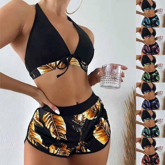 3pcs Leaf Print Bikini With Shorts Fashion Summer Beach Swimsuit Womens Clothing - Shop with Vanny3pcs Leaf Print Bikini With Shorts Fashion Summer Beach Swimsuit Womens ClothingShorts for WomenShop with VannycjL3pcs Leaf Print Bikini With Shorts Fashion Summer Beach Swimsuit Womens Clothing