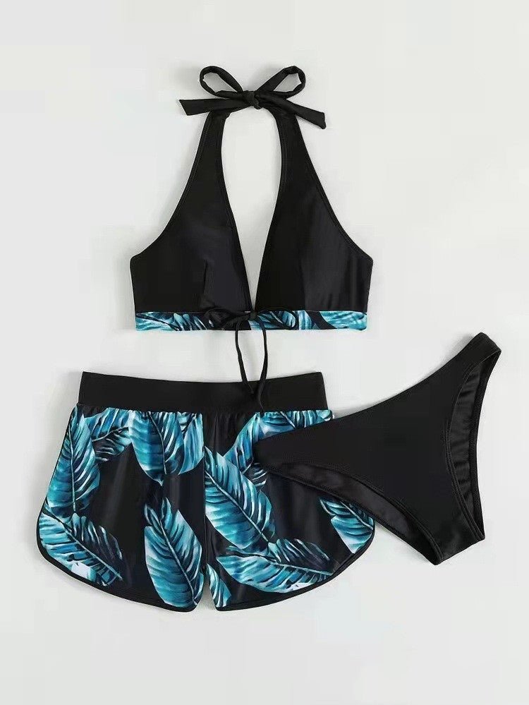 3pcs Leaf Print Bikini With Shorts Fashion Summer Beach Swimsuit Womens Clothing - Shop with Vanny3pcs Leaf Print Bikini With Shorts Fashion Summer Beach Swimsuit Womens ClothingShorts for WomenShop with VannycjL3pcs Leaf Print Bikini With Shorts Fashion Summer Beach Swimsuit Womens Clothing