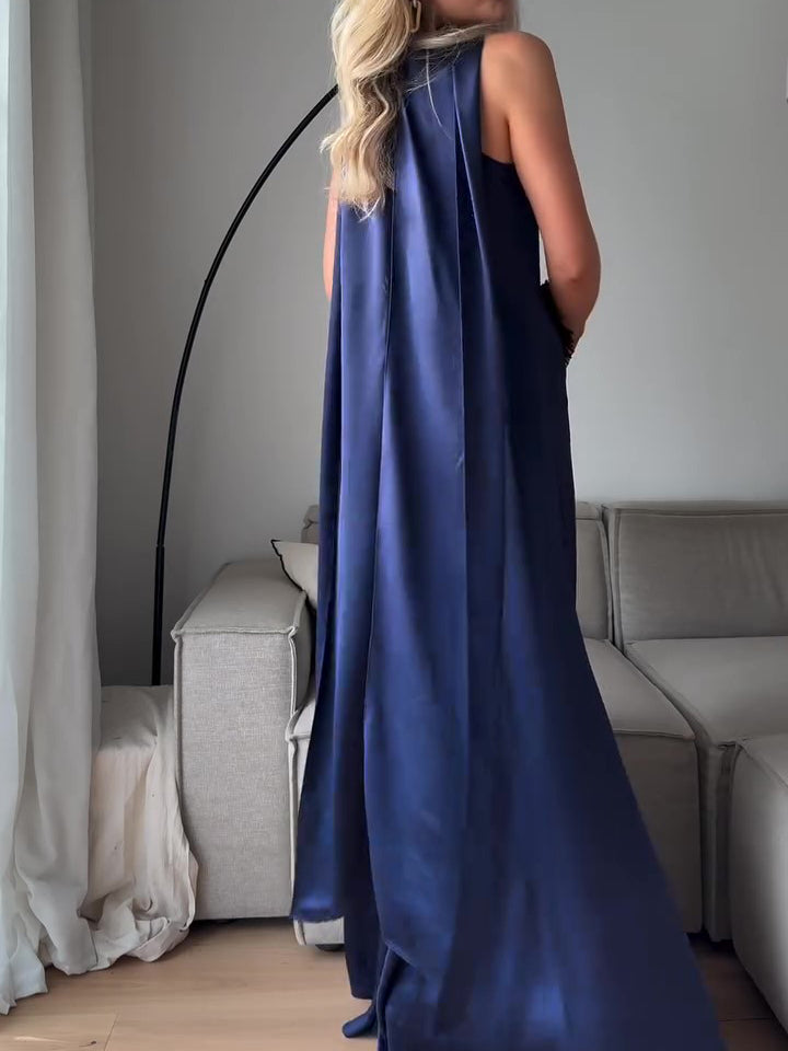 Women's Royal Blue Satin Maxi Dress — Sleeveless Formal Gown