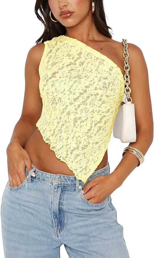 Ins Lace Backless Top Summer Solid Color Waist less Asymmetrical Sloped Neck Vest Streetwear Women's Clothes