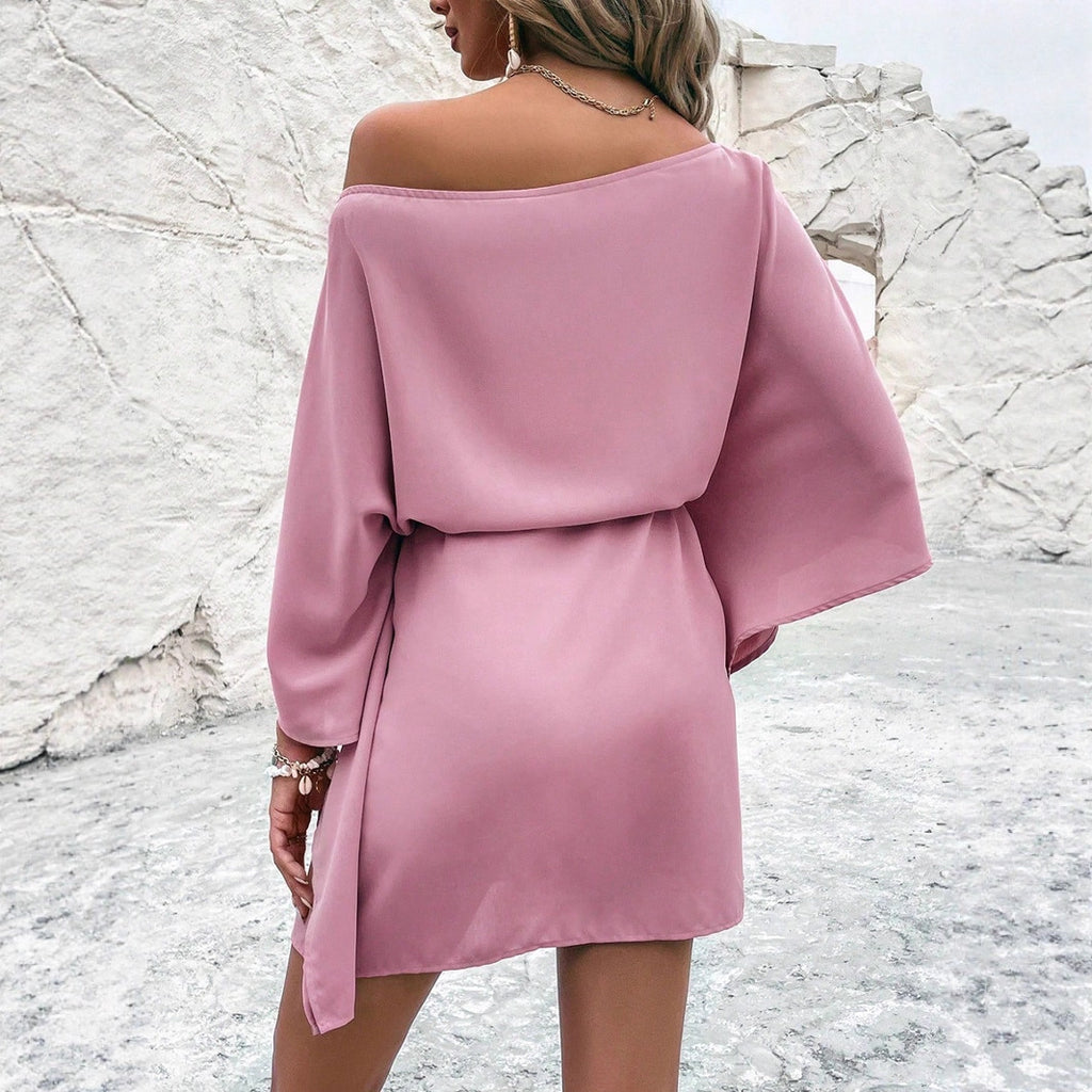 Women's Satin Off-Shoulder Midi Dress — High Waist Batwing Sleeve