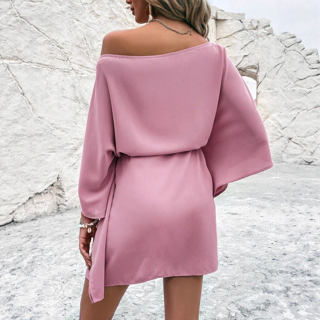 Women's Satin Off-Shoulder Midi Dress — High Waist Batwing Sleeve