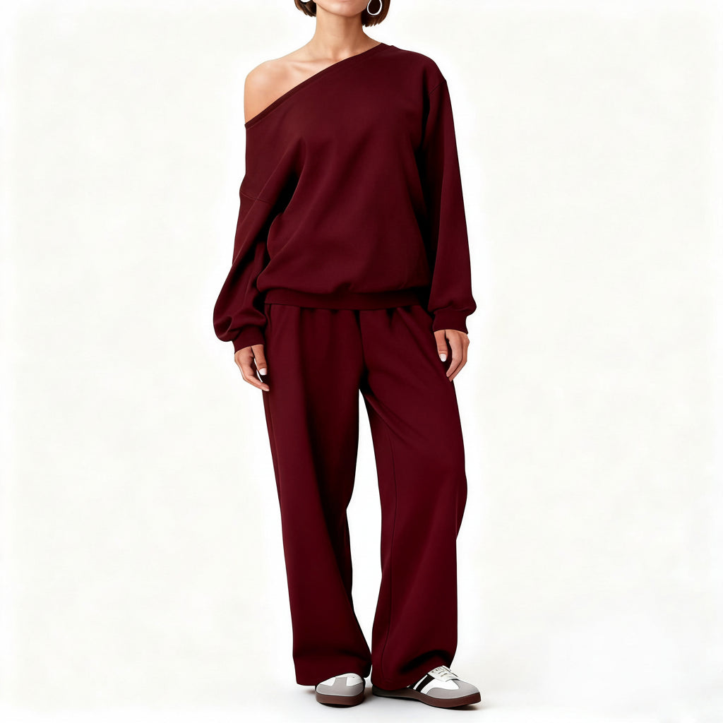 Women's Sloping Shoulder Top & Wide-Leg Trousers Set