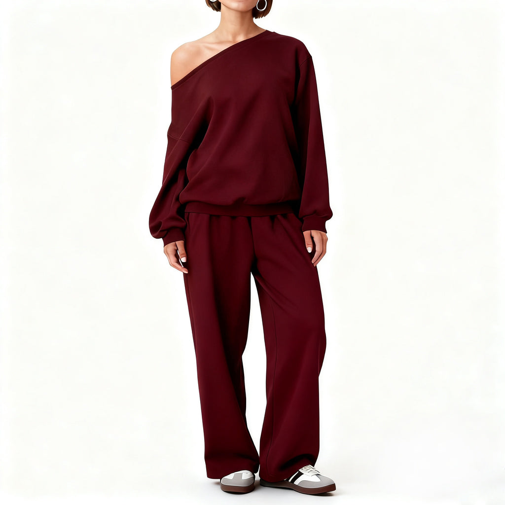 Women's Sloping Shoulder Top & Wide-Leg Trousers Set