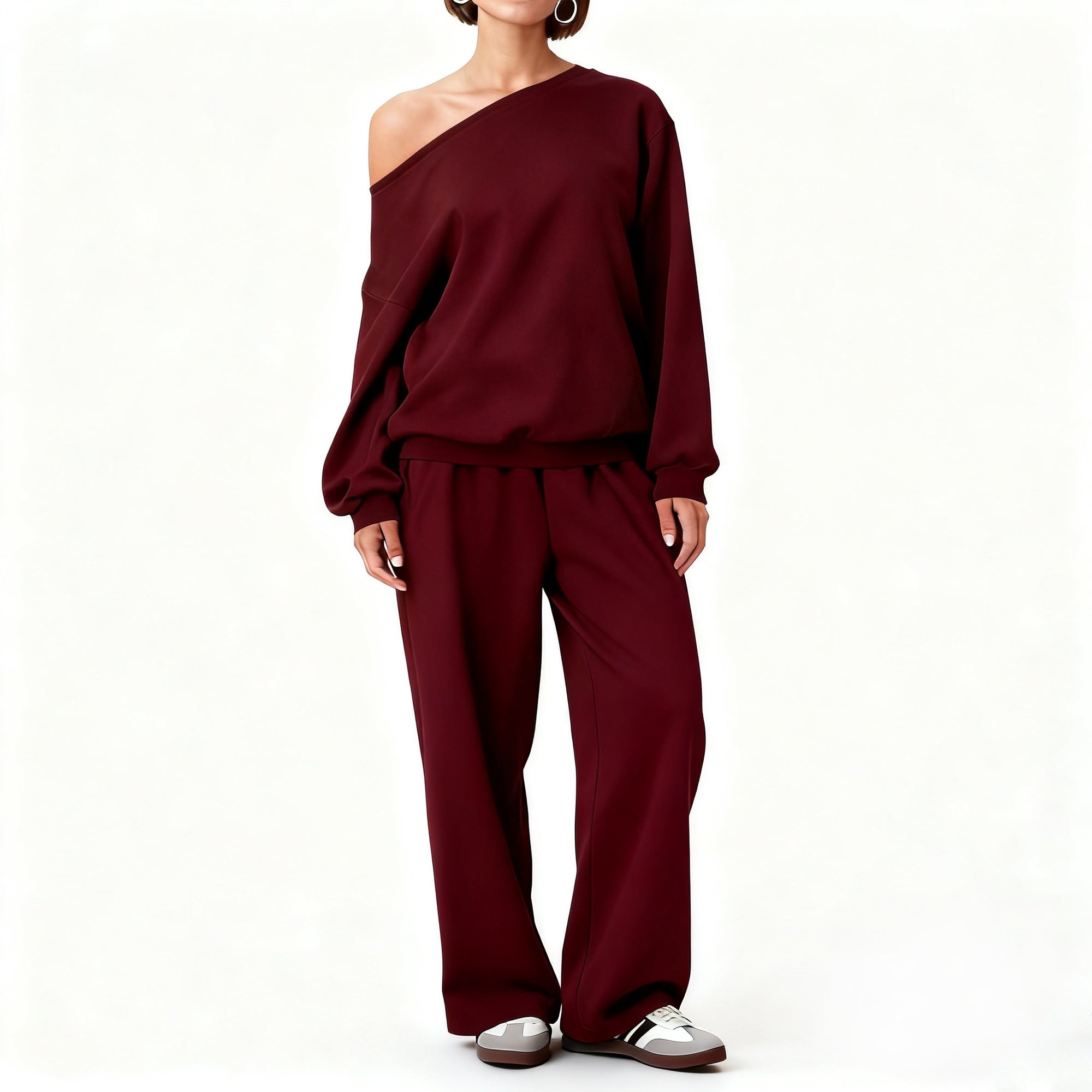 Women's Sloping Shoulder Top & Wide-Leg Trousers Set