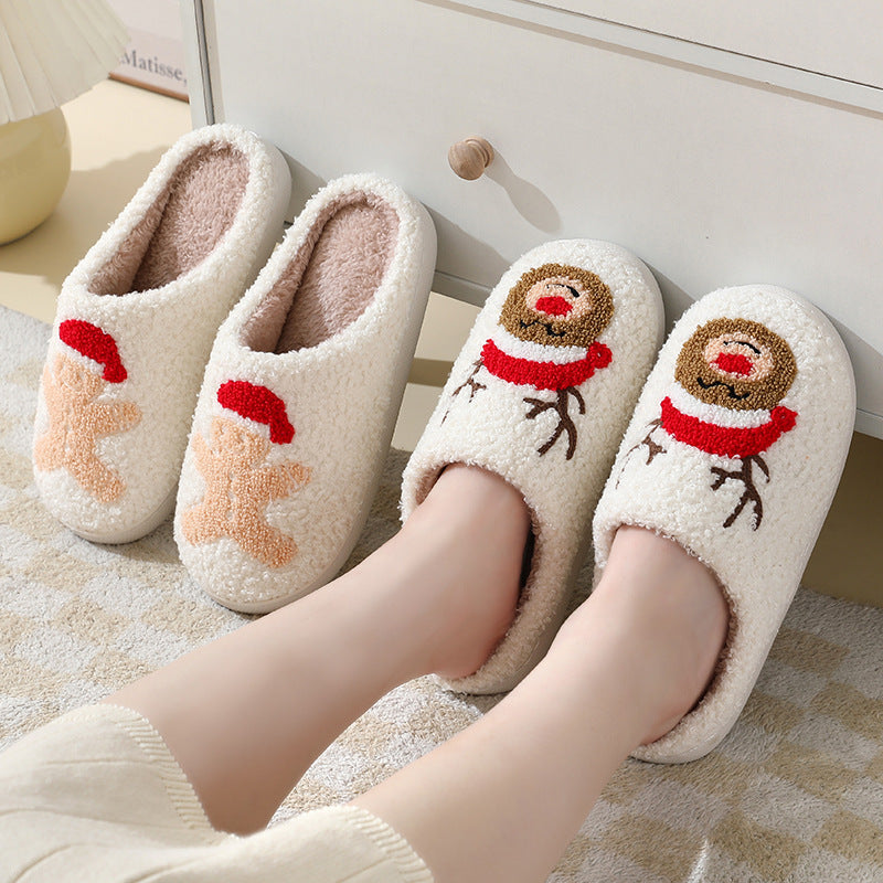 Christmas Home Slippers Cute Cartoon Santa Claus Cotton Slippers For Women And Men Couples Winter Warm Furry Shoes cj