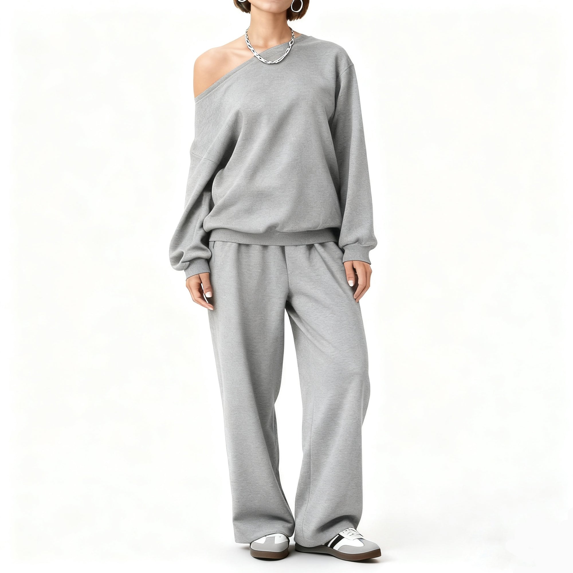 Women's Sloping Shoulder Top & Wide-Leg Trousers Set