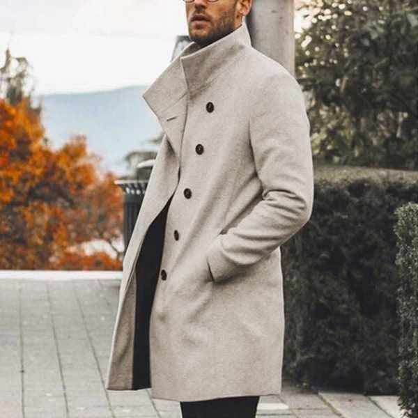 Fashion Trench Coat Men's Stand Collar Casual Tweed Jacket cj