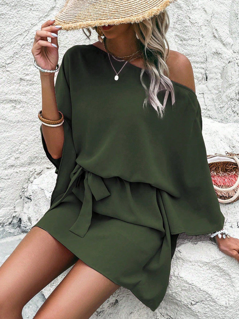 Women's Satin Off-Shoulder Midi Dress — High Waist Batwing Sleeve