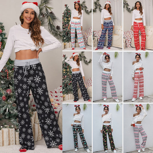 Christmas Print Pants Women Fashion Casual Drawstring Trousers With Christmas Snowflake Tree Elk Print cj