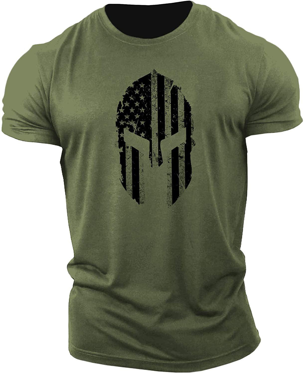 Men's American Flag Helmet Fitness Short Sleeve Cotton Gym T-shirt cj