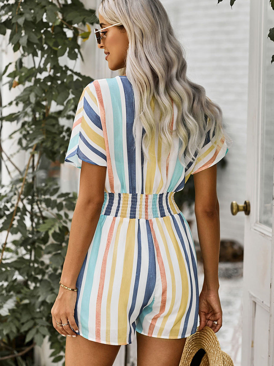 Summer New Striped Loose Short Sleeve Slim Women Jumpsuit cj