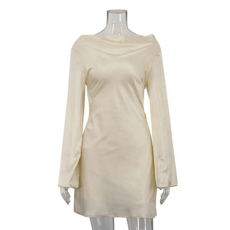 Women's Yellow Satin Backless Dress — Long Sleeve Lace-Up Hollow