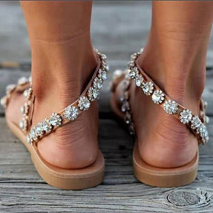 Women's Sandals Mules Boho Beach Shoes Rhinestone Lace Beading Flat Slippers cj