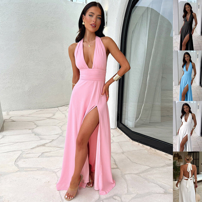 Sexy Halter neck V-neck Slit Dress Summer Backless Strappy Skirt Fashion Temperament Clothing Women
