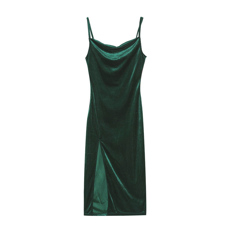 Slim Suspender Split Dress Ins Fashion Solid Sling